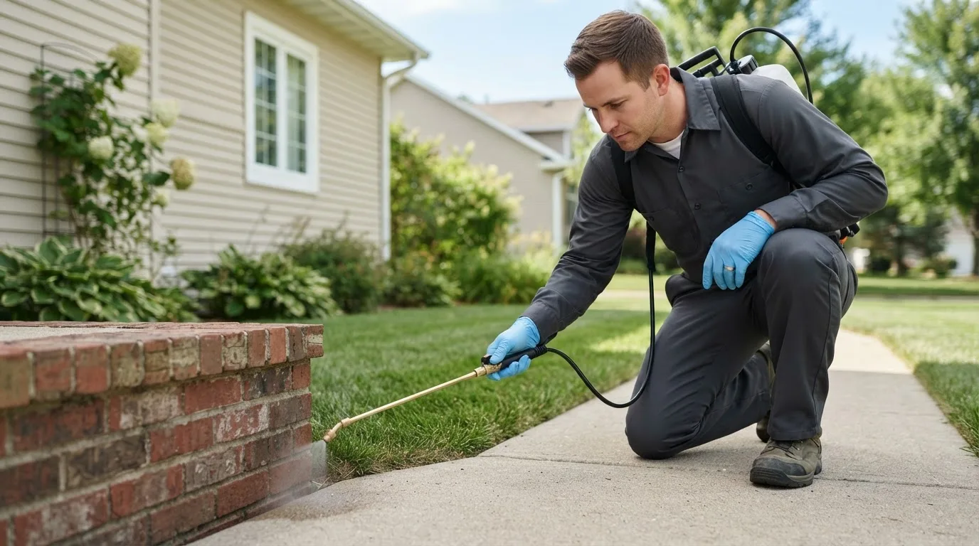 Pest control technician treating a home near Cebolla, NM